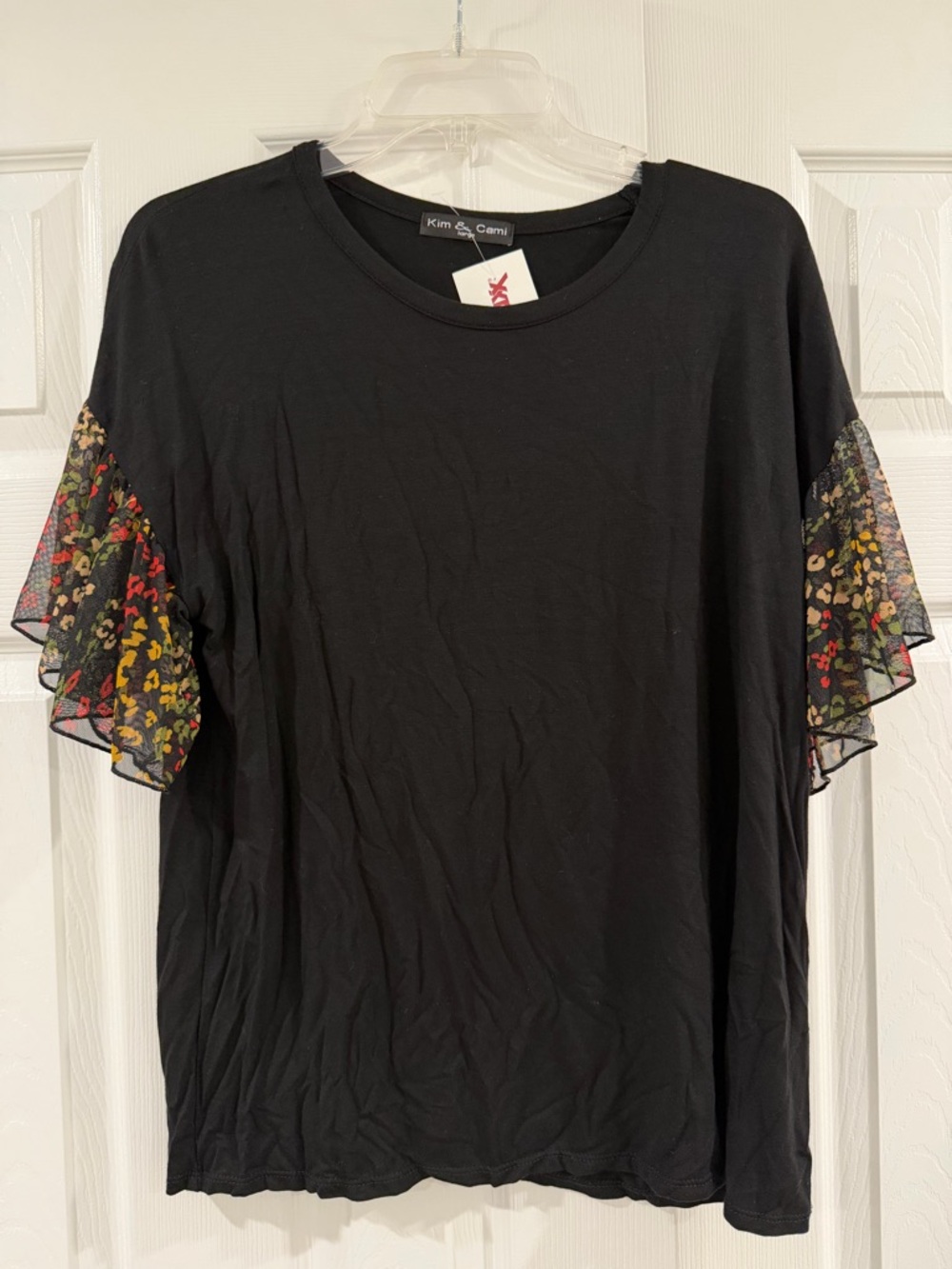 Kim & Cami Black Tee with Floral Mesh Ruffle Sleeves